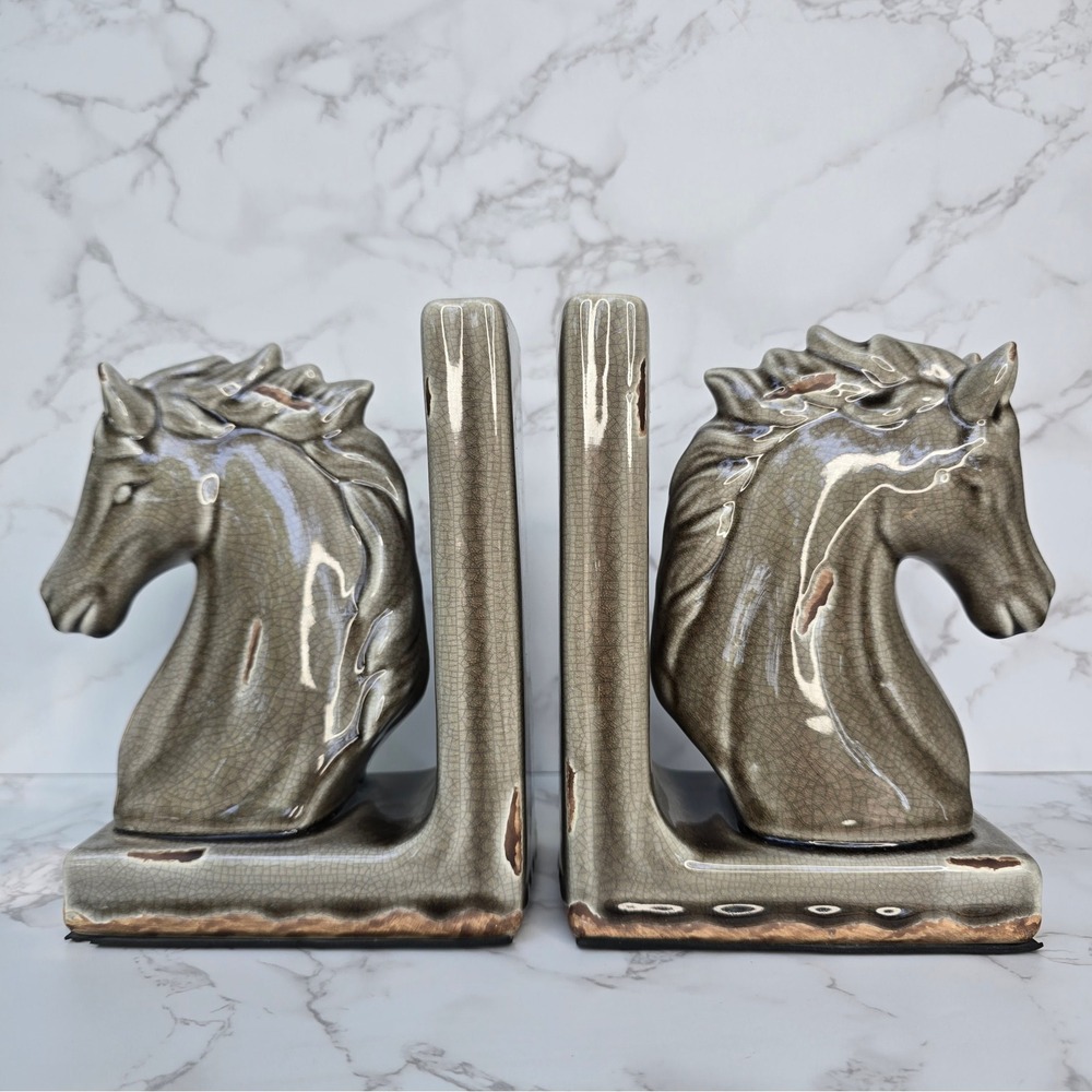 Vintage MCM Ceramic Horse Head Bookends Crackle Glaze Equestrian Decor Set - Picture 4 of 15